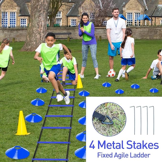 Speed & Agility Ladder Training Equipment Set, Includes 12 Rung 20ft Agility Ladder, 4 Agility Hurdles,12 Disc Cones, 1 Resistance Parachute for Training Football Soccer Basketball Athletes