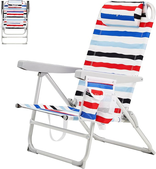 SUNNYFEEL Portable Beach Chair, Folding Low Back Beach Chair, Lightweight Camp Chair with Reclining Position, Backpack Lounger for Beach, Camping, Lawn, Outdoor, Red Blue White Striped