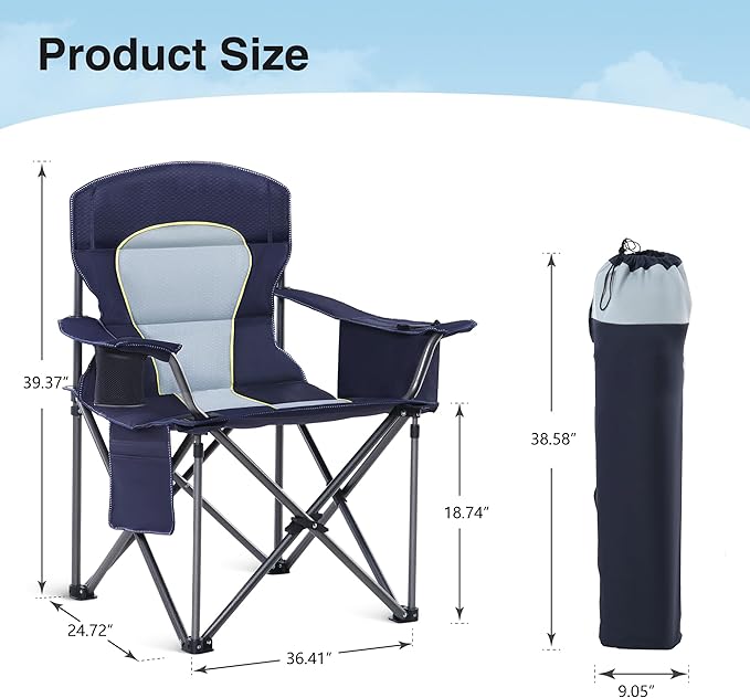 HIGH POINT SPORTS Oversized Camping Folding Chair, Heavy Duty Portable Outdoor Chair, Foldable Camp Chair with Cup Holder and Cooler Bag Support 450 LBS, 2 Pack, Dark Blue