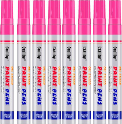 Pink Paint Markers, 8 Pack Oil-Based Waterproof Quick Dry Permanent Paint Pen Set for Rocks Painting, Wood, Fabric, Plastic, Canvas, Glass, Mugs, Metal, Tire, Stone, DIY Craft