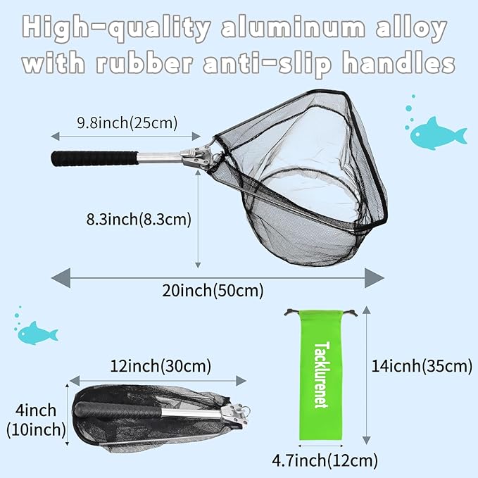 Folding Kayak Fishing Net with Aluminum Alloy Frame Rubber-Coated Nylon Net for Small Fishing Net Fishing Landing Net for Non-Slip Gloves Storage Bag