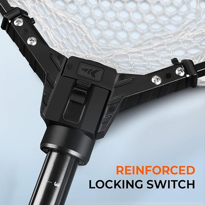 KastKing Brutus Folding Landing Net with Boat Hook, Foldable, Extendable, Lightweight & Strong, Multi-Functional Built-in Boat Hook, Non-Slip & Bright Orange TPR Handle, Two Nets Options