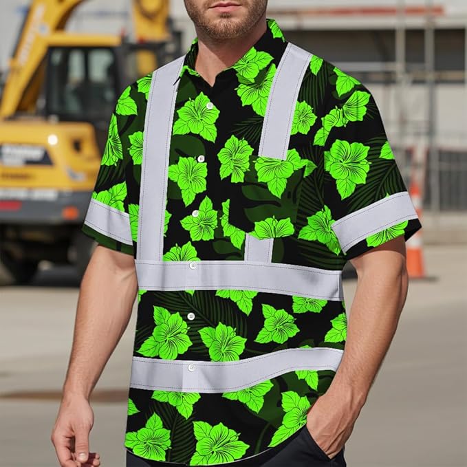 High Visibility Hawaiian Shirt for Men Tropical Shirts Custom Name Floral Outfit Reflective Safety Workwear