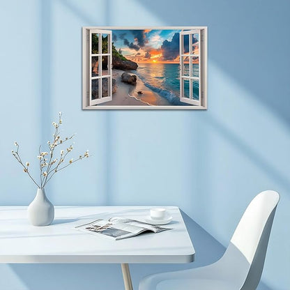ANRUOXI Beach Window Canvas Wall Art, Enclosed Bedroom Living Room Ocean Coastal Channel Scene Picture, Tropical Sea Landscape Painting Print Artwork Horizontal Seascape Artwork for Bedroom 18x24 Inch