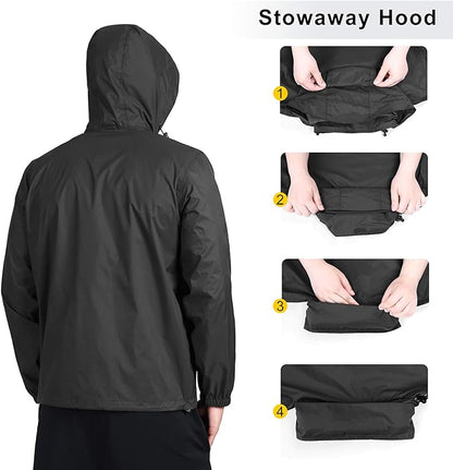 Outdoor Ventures Men's Rain Jacket Waterproof Lightweight Packable Rain Shell Raincoat with Hood for Golf Hiking Travel