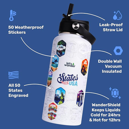 LET'S WANDER 50 States Water Bottle with Waterproof Stickers - 32oz Leakproof Insulated Stainless Steel with Straw - States of the USA Gift Bottle (White)