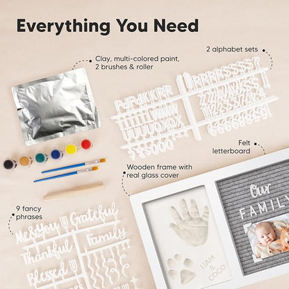 Baby Hand and Footprint Kit with Felt Letterboard - Personalized Baby Gifts for Boys Girls, Newborn Baby Footprint Kit, Dog Paw Print Kit, Baby Keepsake Frame (Alpine White)