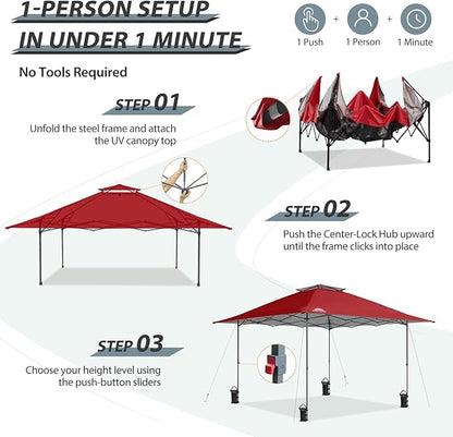 EAGLE PEAK 13x13 Straight Leg Pop Up Canopy Tent Instant Outdoor Canopy Easy Single Person Set up Folding Shelter w/Auto Extending Eaves 169 Square Feet of Shade (Red)