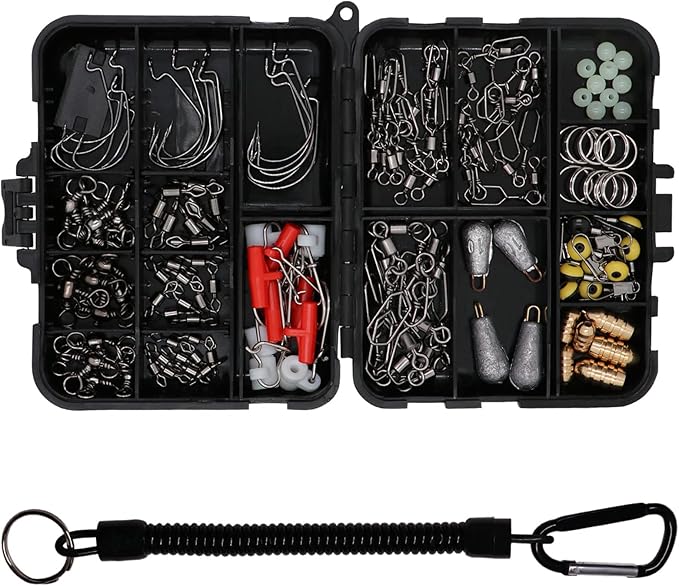Fishing Accessories Kit with Hooks, Bass Casting, Sinkers, Swivels, Snaps, Sinker Slides, Line Beads, Fishing Set with Tackle Box Lanyard