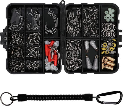 Fishing Accessories Kit with Hooks, Bass Casting, Sinkers, Swivels, Snaps, Sinker Slides, Line Beads, Fishing Set with Tackle Box Lanyard