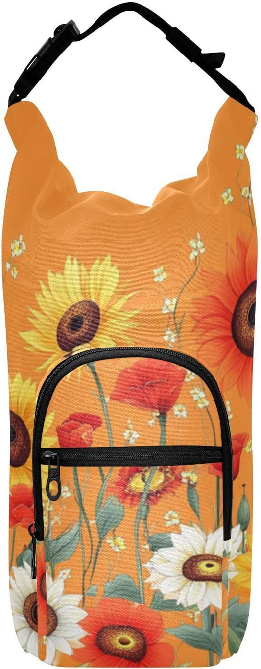 Cartoon Orange Sunflowers and Poppy Flowers Water Bottle Holder with Strap Insulated Water Bottle Carrier Crossbody Bags Pouch with Phone Pocket for Travel Gym Hiking Walking Running
