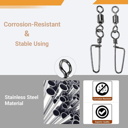 AMYSPORTS High Strength Fishing Snaps Freshwater Barrel Rolling Snap Swivels Steel Lure Connector Fishing Swivel Stainless Black Nickel