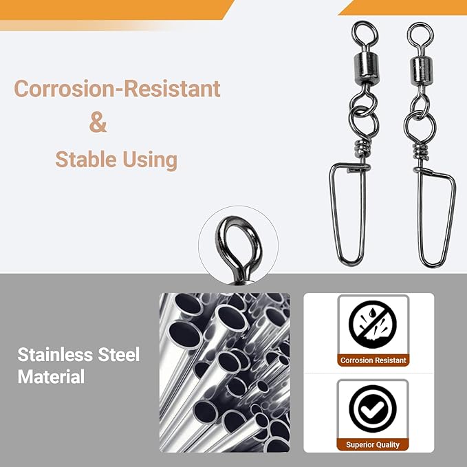 AMYSPORTS High Strength Fishing Snaps Freshwater Barrel Rolling Snap Swivels Steel Lure Connector Fishing Swivel Stainless Black Nickel