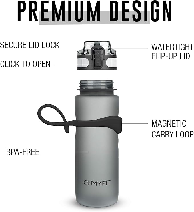 Tritan Sports Water Bottle with Magnetic Silicone Carry Strap & One Click Open Cap - Magnetic Drink Holder for Metal Equipment - Bottle w/Straps for Backpack, Belt & More (30oz, Onyx Black)