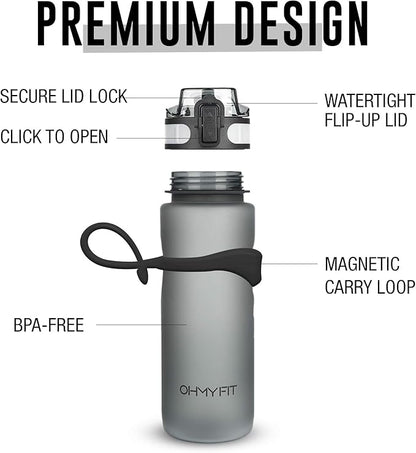 Tritan Sports Water Bottle with Magnetic Silicone Carry Strap & One Click Open Cap - Magnetic Drink Holder for Metal Equipment - Bottle w/Straps for Backpack, Belt & More (30oz, Onyx Black)