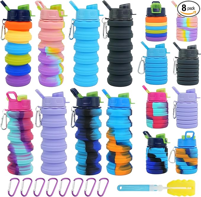 8 Pcs Collapsible Water Bottles with Clip 16 oz Portable Reusable Leakproof Silicone Foldable Water Bottles for Travel Camping Cycling Hiking Gym Yoga Outdoor Sports