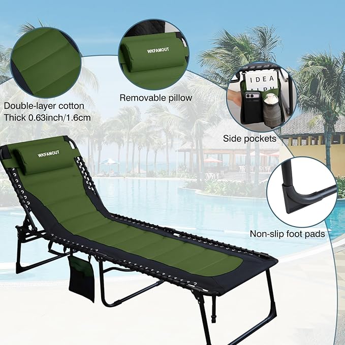 Oversized Padded Outdoor Folding Lounge Chair for Adults 330Ibs Patio Chaise Lounge for Outside 5-Position Adjustable Reclining Beach Chair with Pillow Pocket
