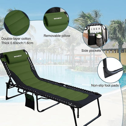 Oversized Padded Outdoor Folding Lounge Chair for Adults 330Ibs Patio Chaise Lounge for Outside 5-Position Adjustable Reclining Beach Chair with Pillow Pocket