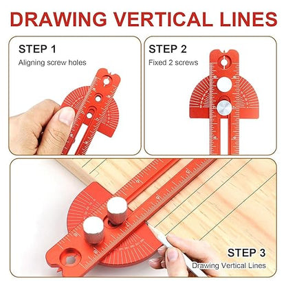 Woodworking Ruler, Adjustable Mark Angle & Straight line Scribe, Precision Pocket Ruler Metal Metric & Inch Portable Slide Rule Woodworking Tool T Square with Protractor Angle Finder (red in 3pcs)