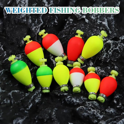 Weighted Fishing Bobbers 10-Pack - Slip Bobbers for Catfish with Spring Clip | 5 Sizes & Styles | High-Visibility EVA Floats with Bottom Weight for Stability