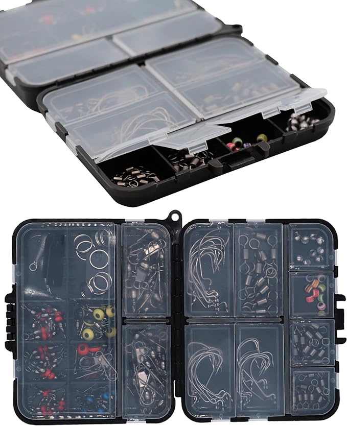 Fishing Accessories Kit with Hooks, Bass Casting, Sinkers, Swivels, Snaps, Sinker Slides, Line Beads, Fishing Set with Tackle Box Lanyard