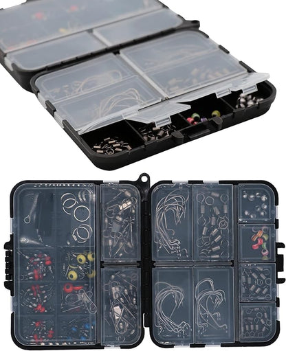 Fishing Accessories Kit with Hooks, Bass Casting, Sinkers, Swivels, Snaps, Sinker Slides, Line Beads, Fishing Set with Tackle Box Lanyard