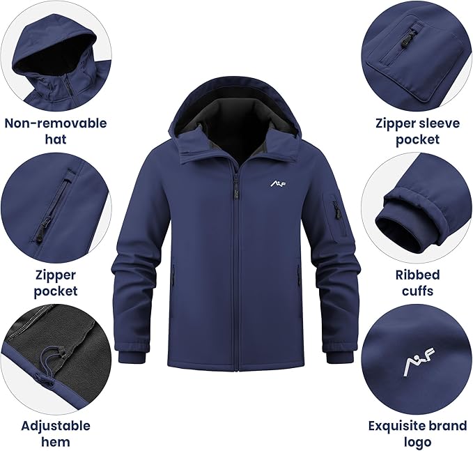 WULFUL Men's Lightweight Softshell Jacket Warm Fleece Lined Windbreaker Waterproof Soft Shell for Outdoor Hiking