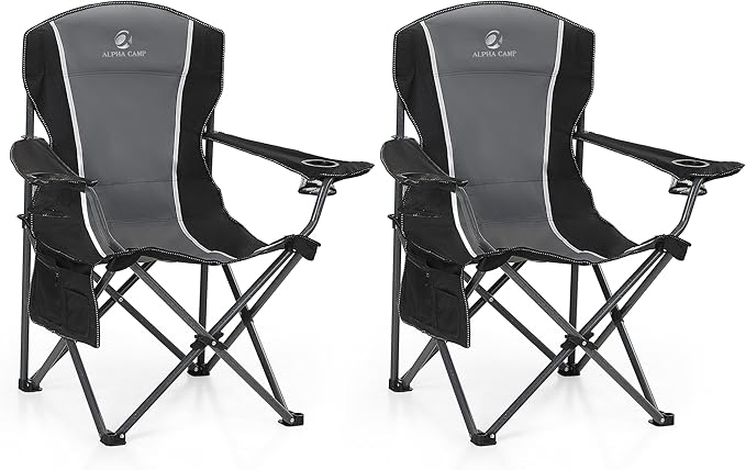ALPHA CAMP Oversized Camping Folding Chair - Heavy Duty Steel Frame Support 350 LBS, Collapsible Padded Arm With Cup Holder, Quad Lumbar Back, Portable for Outdoor/Indoor
