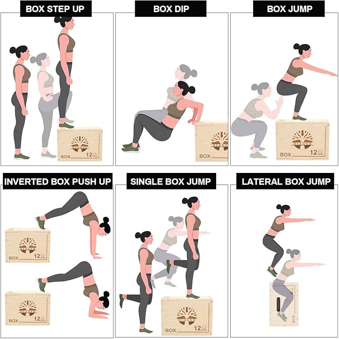 Plyo Box - 3-in-1 Wood Plyometric Jump Platform (16"x12"x8") for Home Gym Training - Ideal for Jumps, Squats & Conditioning-1 Piece