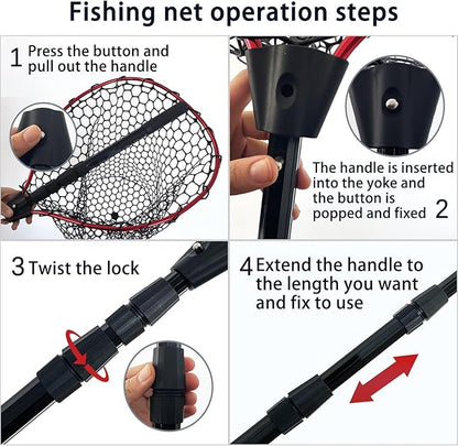 Telescoping Metal Lock Fishing Net with Handle Red Green 64" 52" 3-Section Rubber Fish Net - Adjustable Length Lightweight Foldable Large Big Collapsible Extendable Fishing Net