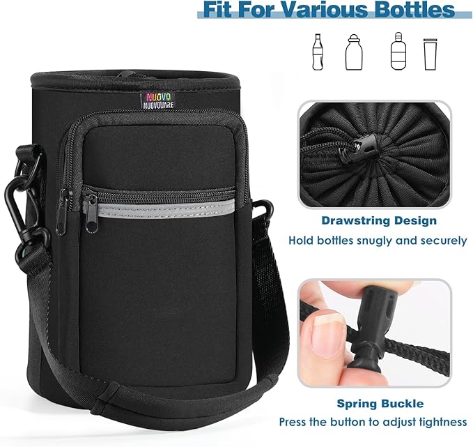 Nuovoware Water Bottle Carrier Bag,25oz/40oz/64oz Bottle Pouch Holder,Adjustable Shoulder Hand Strap 2 Pocket Sling Neoprene Sleeve Sports Accessories for Hiking Travelling Camping