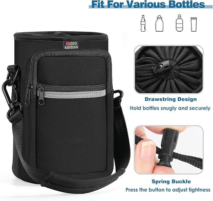 Nuovoware Water Bottle Carrier Bag,25oz/40oz/64oz Bottle Pouch Holder,Adjustable Shoulder Hand Strap 2 Pocket Sling Neoprene Sleeve Sports Accessories for Hiking Travelling Camping