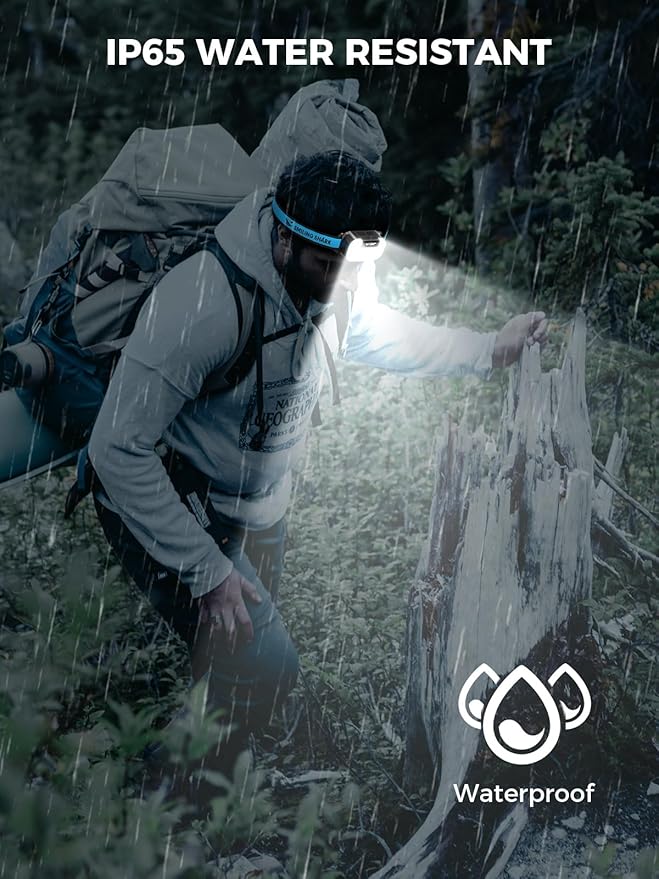 Smiling Shark Headlamp Rechargeable, TD-0151 LED Head Lamp Rechargeable Flip-top Design with White & Warm & Red Floodlight and Spotlight Waterproof for Adults Child Camping Hiking Running Repairing