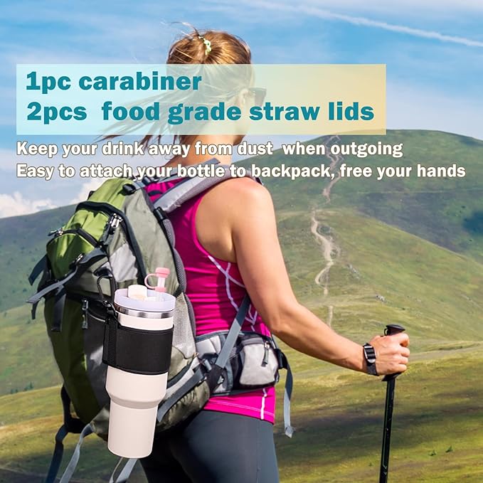 Water Bottle Carrier Holder with Shoulder Strap Water Bottle Handle Strap Sling for Stanley 30&40oz Tumblers with 2pc Straw Covers Toppers for Stanley Cup Holder (Black)