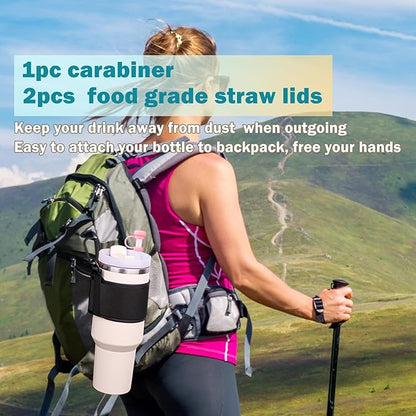 Water Bottle Carrier Holder with Shoulder Strap Water Bottle Handle Strap Sling for Stanley 30&40oz Tumblers with 2pc Straw Covers Toppers for Stanley Cup Holder (Black)