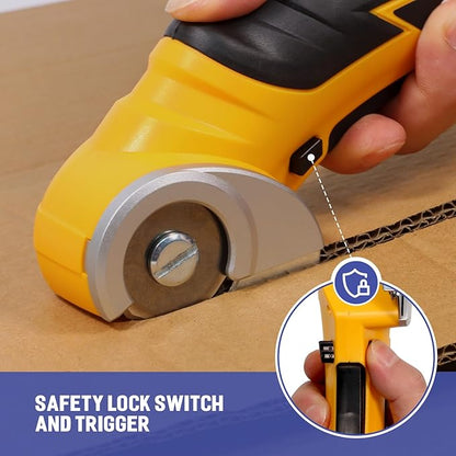 VLOXO Cordless Cardboard Cutter, Electric Scissors for Cardboard with Safety Lock, Power Rotary Scissors Multi-Cutting Tools, Rechargeable Box Cutter Electric for Carpet Leather (Yellow)