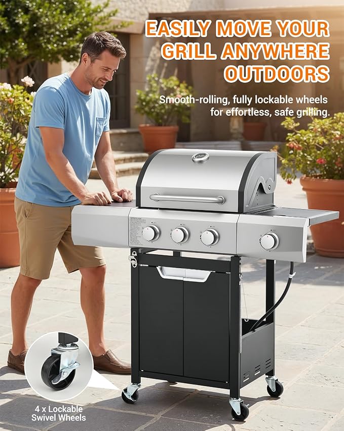 40,500 BTU 3-Burner Propane Gas Grill with Side Burner,Stainless Steel Outdoor BBQ Grill Portable with Wheels and Cast Iron Grates for Patio Garden Barbecue Cooking
