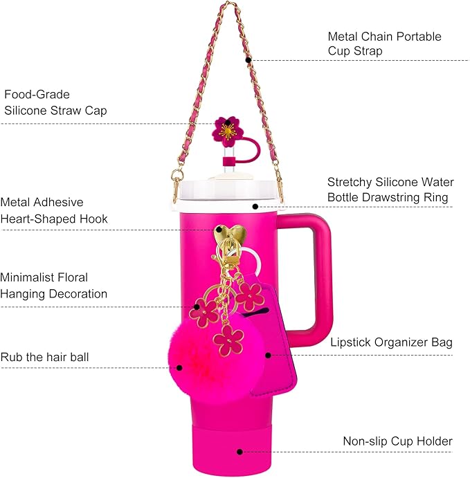 Velaco 11 PCS Accessories for Stanley Cup, Water Bottle Handle Strap for Stanley 30/40 oz tumbler with handle, including Straw Toppers, Silicone Cup Boot, Keychain Charms - ROSE
