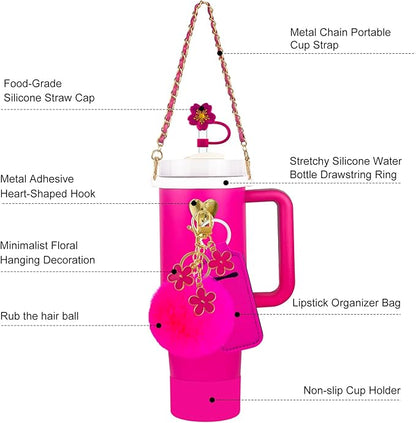 Velaco 11 PCS Accessories for Stanley Cup, Water Bottle Handle Strap for Stanley 30/40 oz tumbler with handle, including Straw Toppers, Silicone Cup Boot, Keychain Charms - ROSE