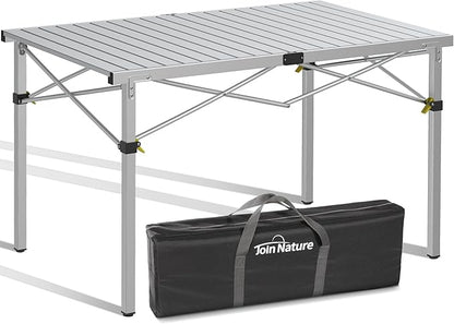 Large 46.4" Camping Table for 2-6 People - 220lbs Capacity Heavy Duty Foldable Outdoor Table with Aluminum Roll-Up Top & Carry Bag, Portable Picnic Desk for BBQ, Tailgating, Backyard (Silver)