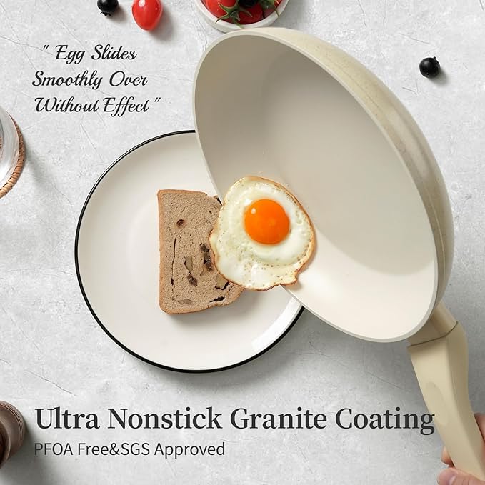 Granite Nonstick Cookware Set - 3 Pcs Induction Skillets, Egg & Omelette Frying Pans with Lids, Healthy, No Toxic, PFOA Free