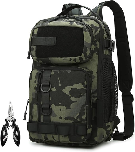 Fishing Backpack - Tackle Sling Bag- Fishing Gear Bags with Rod Holder and Fish Plier (GreenCamo)