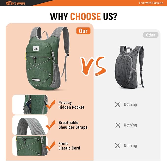 SKYSPER Foldable Hiking Backpack - 10L Small Lightweight Daypack Breathable Travel Backpacks for Men Women