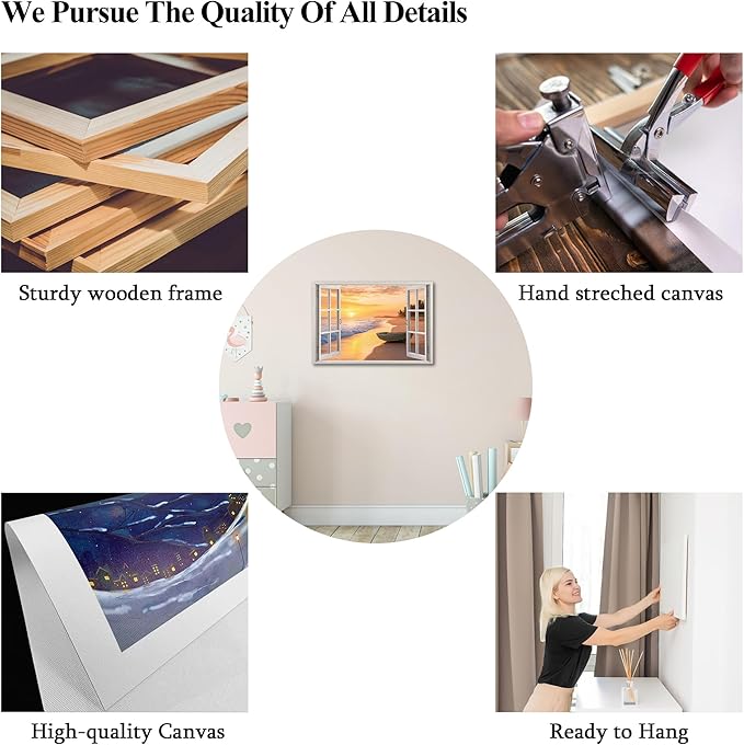 ANRUOXI Beach Wall Art, Window Frame Style Canvas Wall Decor Ocean, Sunset Sea & Tropical Palm Tree Coasts Boat Canvas, Seaside Scenery Nature Landscape Painting for Living Room Office Home 24x36 Inch