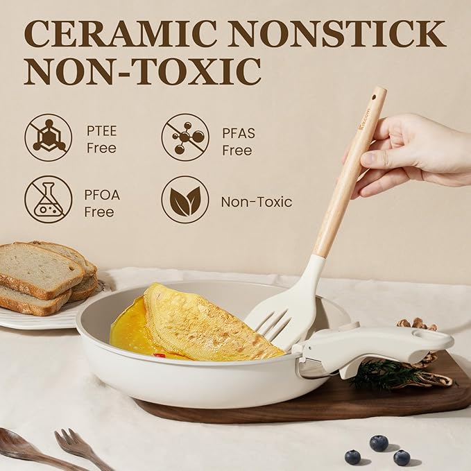 KIKCOIN Ceramic Cookware Set, 22 Pcs Nonstick Pots and Pans Set with Detachable Handles, Non Toxic Kitchen Cooking Set with Removable Handles, Induction/Dishwasher/Oven Safe, Ollas de Cocina