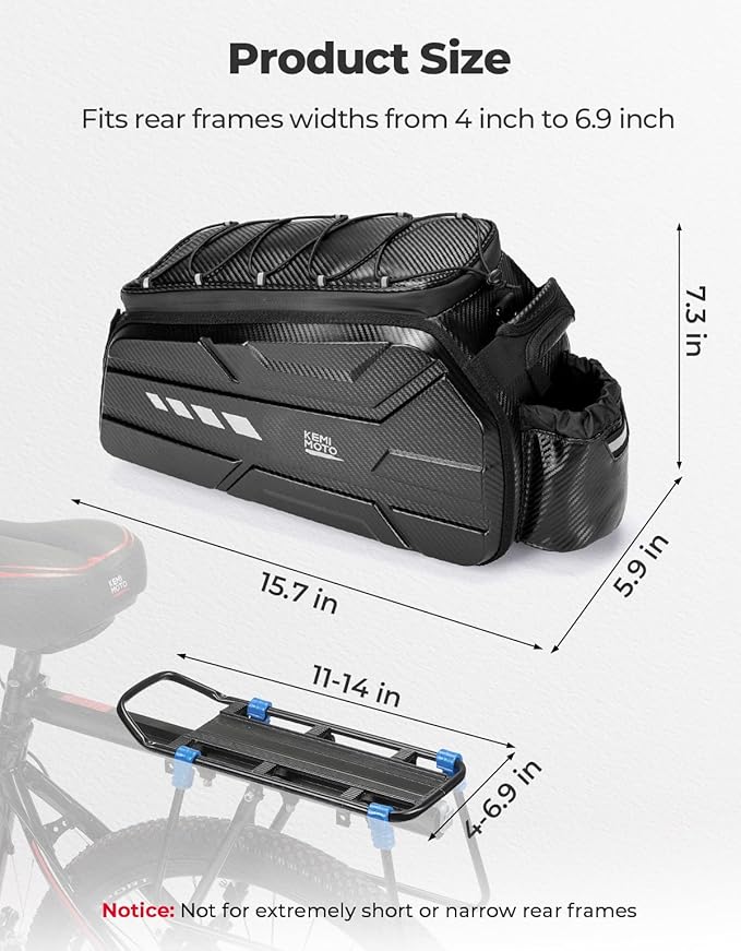 KEMIMOTO Bike Bag 11L EVA Hard Shell, Stable Installation Rear Rack Bag with Waterproof Cover, Bicycle Trunk with Shoulder Strap for Commuter Travel Outdoor