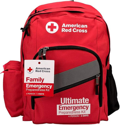 American Red Cross Officially Licensed Product |3-Day Emergency Preparedness Deluxe Backpack | 72 Hour Survival Supplies for 4 People | Water, Phone Charger, Blanket, Food