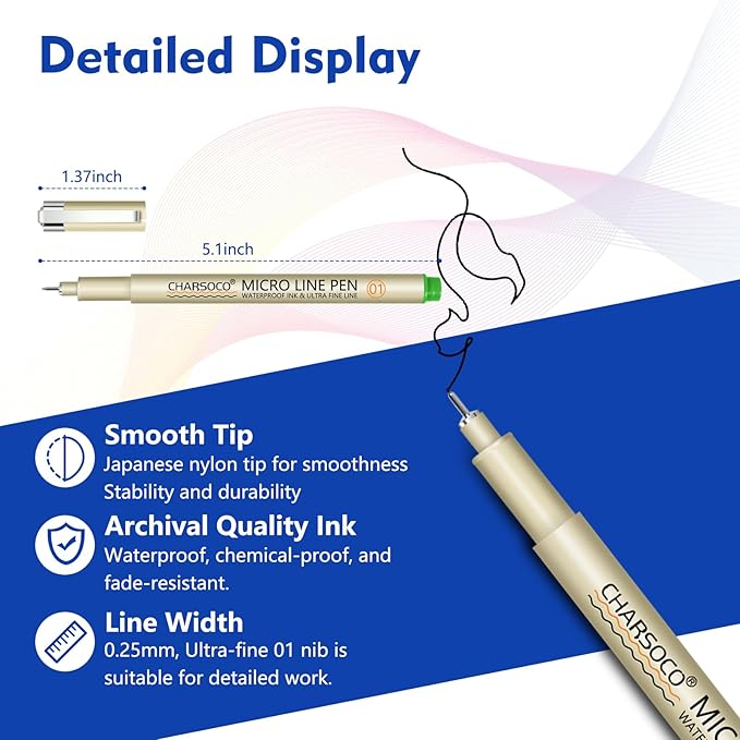 01 Micro Pen, Fine Point Pen with 6 Colors, Waterproof Archival Ink, 0.25mm Fineliner Ink Pens for Artist Illustration, Sketching, Anime, Manga, Technical Drawing and Scrapbooking