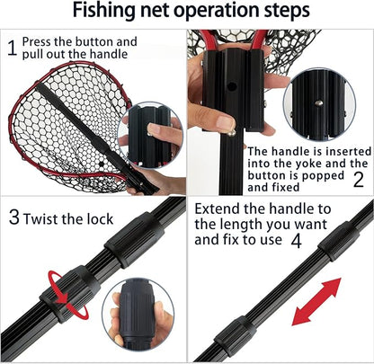 Telescoping Metal Lock Fishing Net with Handle Red Green 64" 52" 3-Section Rubber Fish Net - Adjustable Length Lightweight Foldable Large Big Collapsible Extendable Fishing Net
