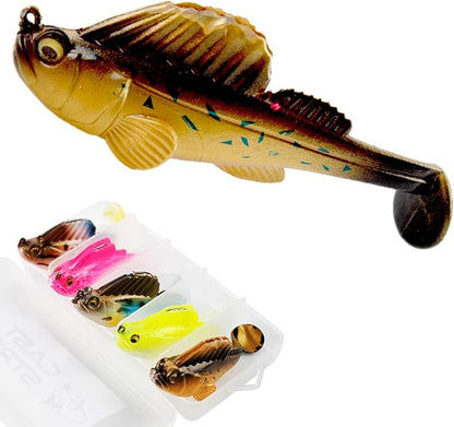 Soft Fishing Lures 5pcs Kit with Tackle Box Weedless Paddle Tail Swimbaits for Bass Trout Crappie Walleye Freshwater Saltwater Life Like Action Durable Plastic Sharp Hooks